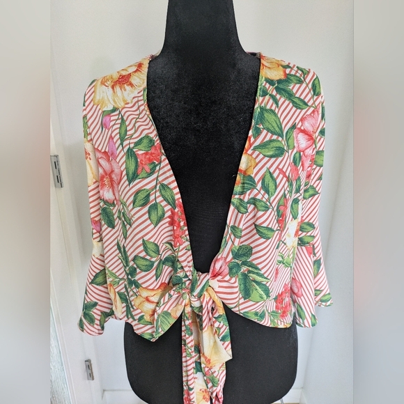 Haute Monde Women's Short Floral Boho Kimono Bolero Cover Up Sz L Bell Sleeve - Picture 6 of 8
